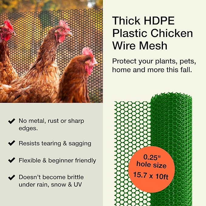 MaPorch Plastic Chicken Wire Mesh Fence - Green Mesh, 15.7 in x 10 ft - Weather-Resistant Protection & Animal Barrier Fence - Easy-Cut Netting for Garden Fencing - Quick-Install Poultry & Pet Netting