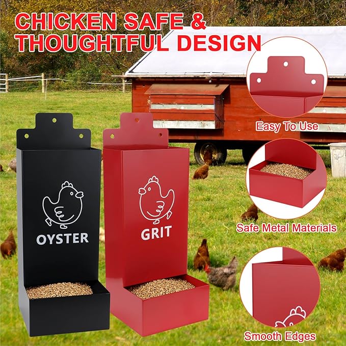 2 Pack Chicken Oyster Shell Feeder and Grit Feeder,1mm Thickness Metal Chicken Feeders for Hens and Chicks Wall Mounted, No Waste, Heavy Duty Poultry Supplies for Backyard Chickens, Ducks, Geese