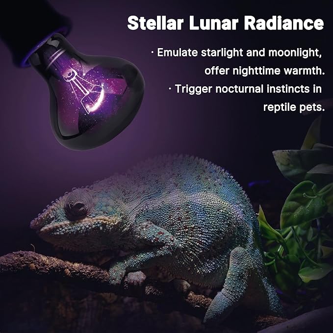 60W Reptile Night Light Bulb, UVA Heat Lamp - Simulate Natural Moonlight, Purple Basking Lamp for Bearded Dragon, Lizard