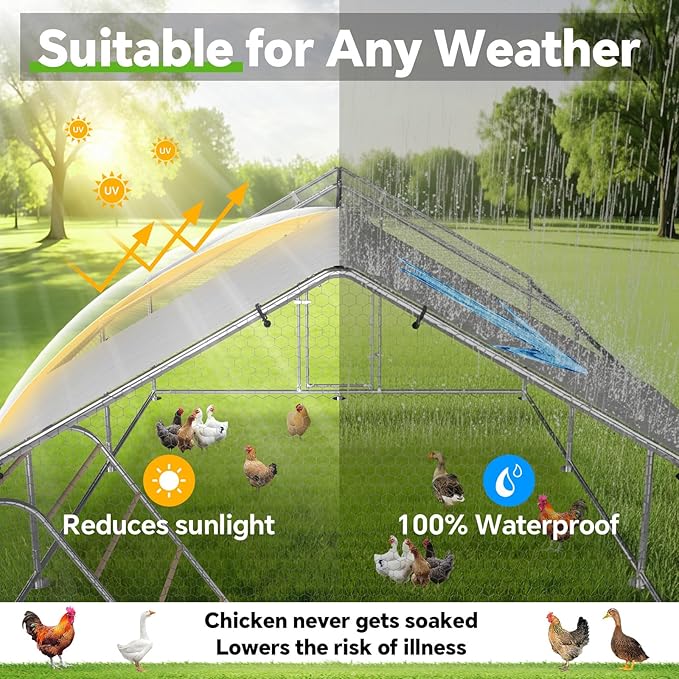 Large Metal Chicken Coop with Roosting Perch, Chicken Hen Run Poultry Cage with Water-Resident Cover for Rabbit Duck House Walk-in Chicken Pen for Yard, Spire Roof(10’ W x 19.7’ L x 6.4’ H)