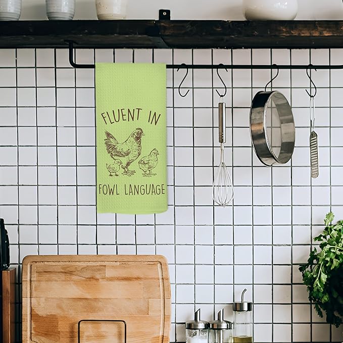 Funny Chicken Green Kitchen Dish Towels 16x24 Inch, Crazy Chicken Gifts for Chicken Mom, Fluent in Fowl Language Decorative Hand Towels Tea Towels for Farmhouse Home