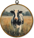 Hiuwevt Vintage Cow Round Wall Art Decor, Cottagecore Milk Cow Framed Canvas Prints, Rustic Farmhouse Animal Round Wall Hanging Decor for Country Home Living Room Decorations, 10x10 Inches