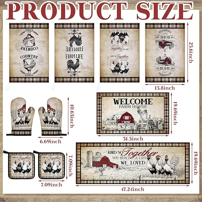 10 Pcs Barn Chicken Kitchen Dish Towels Rugs Oven Mitts and Pot Holders Set Farmhouse Kitchen Decor Set for Women Mom Daughter Gift Cooking Baking Grilling (Retro Color)