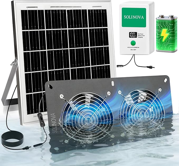 Solar Exhaust Fan, 25W Solar Panel and Solar Powered 2-Fan, IP68 Waterproof，with 7500mAh Battery for Chicken Coop, Shed, Greenhouse, Dog House, 2 Pcs Ventilation Vent Fan, with Bracket for Shed