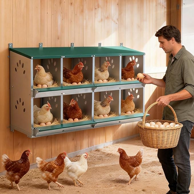 EAGLE PEAK 8-Hole Wall Mounted Chicken Nesting Box, Roll Away Hen Laying Box with Sloped Roof & Easy Clean Tray, Galvanized Steel for Backyard Chicken Coops (Green)