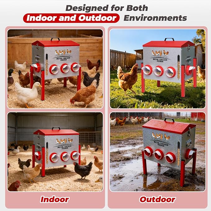 Automatic Chicken Feeder 50LBS Large Capacity, 8 Anti-Waste Ports Metal Poultry Feeder with Height Adjustable Stand, Waterproof Rodent Proof Feed Box with Lid Viewing Window for Hens Ducks Geese