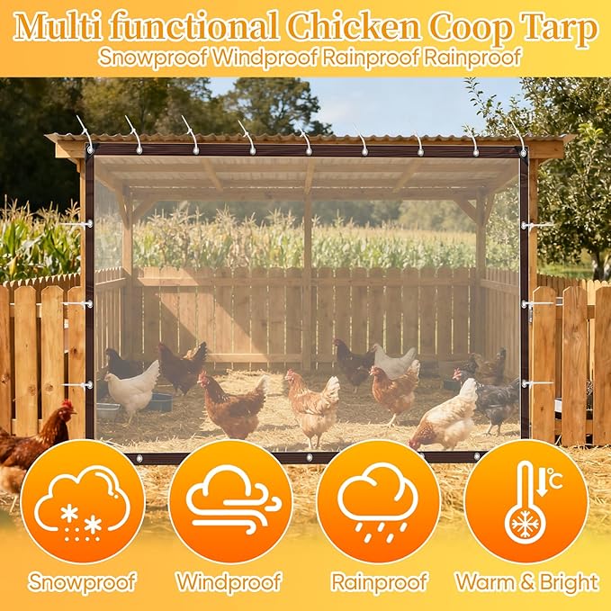 Chicken Coop Cover for Winter, Waterproof Clear Tarp with Metal Grommets, Rope & Cable Ties, Durable Easy Install Chicken Run Cover Winter Wrap, Insulated Poultry Supplies for Outdoor Patio Porch