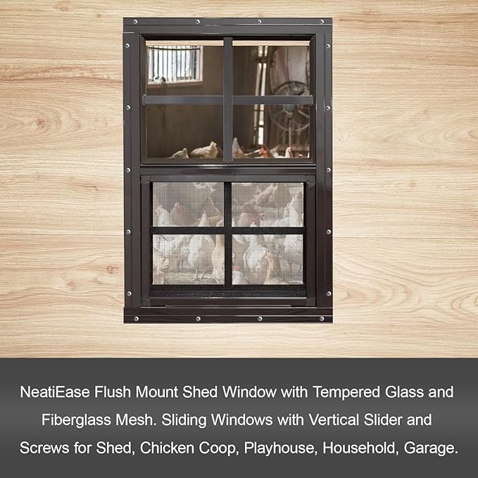 NeatiEase 2 Pack Shed Windows with Black Frame, 24x36 Flush Mount Small Window with Tempered Glass and Fiberglass Screen for Shed, Chicken Coop, Playhouse, Household, Garage (Brown)