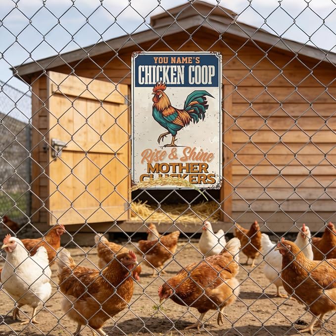 Custom Name Chicken Coop Metal Sign Rise And Shine Mother Cluckers Funny Vintage Tin Plaque Wall Art for Backyard Barn Chicken Coop Home Decor Gift