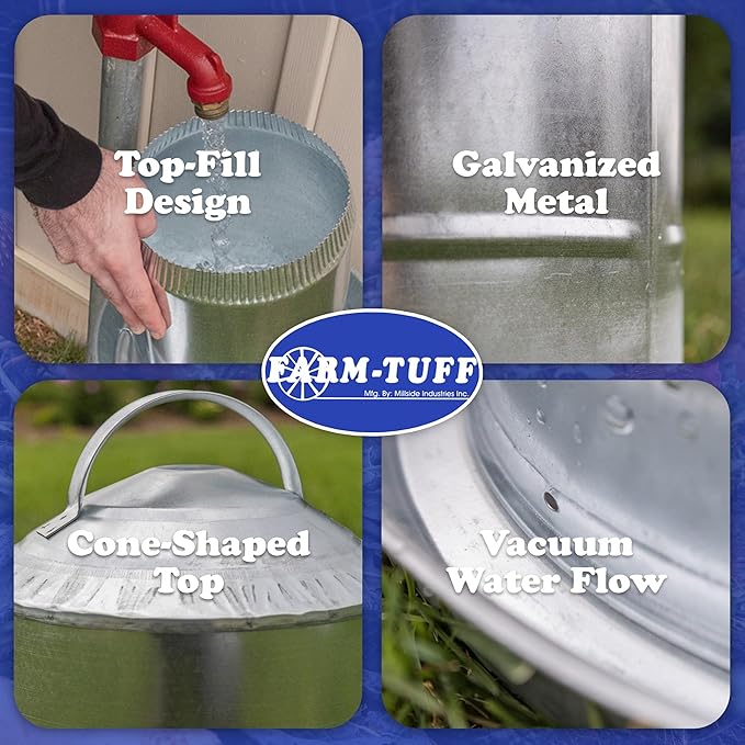 FARM-TUFF Galvanized Poultry Waterer, 2 Gallon Capacity - Double-Wall Poultry Fountain with Cone Top - Automatic Gravity-Fed Water Dispenser for Chickens, Ducks & Game Birds