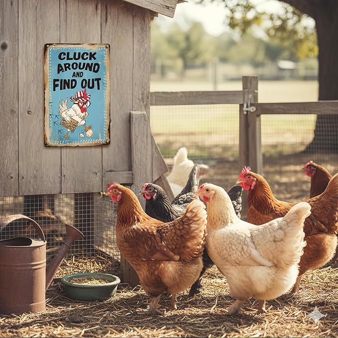 Funny Gift for Chicken Lovers – Retro Chicken Coop Sign with Sassy Hen Artwork, Metal Tin Sign for Outside Fence, Farm Gate or Indoor Wall Decor, Perfect Christmas Decoration, 8" x 12“