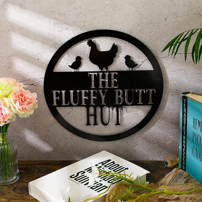 Pangda Chicken Coop Decor 11.8" Fluffy Butt Hut Sign Chicken Coop Signs Metal Accessories Kitchen Farmhouse Wall Art Retro Vintage Wall Art for Hen Lovers and Home Kitchen Decoration (Black)