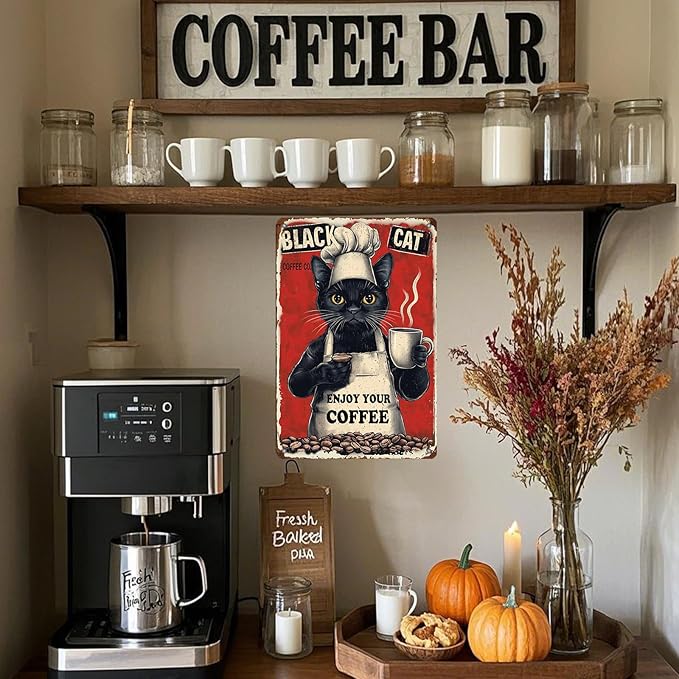 Metal Signs Black Cat Coffee Company Enjoy Your Coffee Sign Funny Vintage Tin Sign Sign Retro Wall Decor For Home Kitchen Office Farmhouse Yard Garden Shop Cafe Poster 12x8 Inch