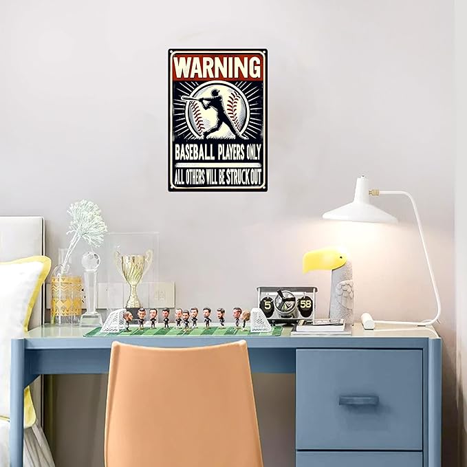 Warning Baseball Players Only Tin Signs-Metal Signs Baseball Posters,Baseball Gifts for Boys 8-12 for Boys Room Wall Decor(8×12 inch)