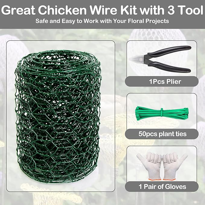 Chicken Wire 4in x 118in with a Pair of Gloves，1 Wire Cutter，50 Pcs Cable Zip Ties, Floral Chicken Wire Mesh 0.8mm Hexagonal Galvanized PVC Coated Garden Netting Fence for Craft Poultry Garden