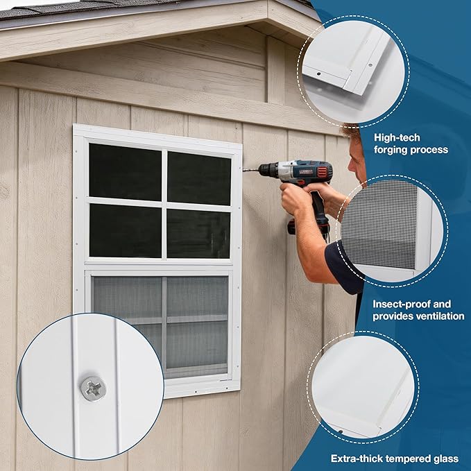 Yuzzy Shed Windows 2 Pack, Chicken Coop Windows 24" x 30" with Tempered Glass and Fiberglass Screen, Flush Mounted Small Window for Shed, Barns, Playhouse, Household, Garage (White)