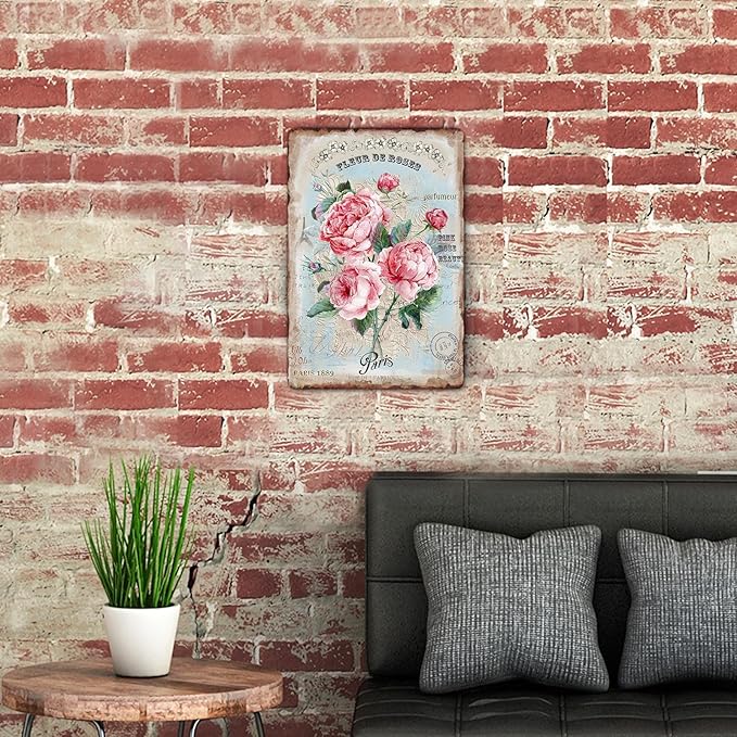 Sanwarm Metal Sign 8X12 Inch, Pink Floral Rose Vintage Tin Sign Wall Art Decor for Home, Living Room, Kitchen, Garden, Bedroom, Office, Hotel, Cafe And Pub Decoration