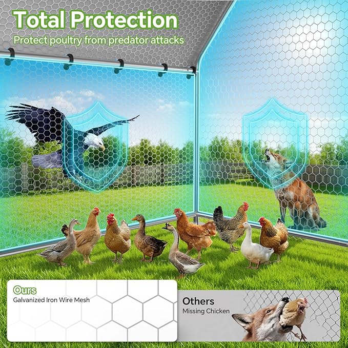Large Metal Chicken Coop with Roosting Ladder, Waterproof and UV-Resistant Cover,Outdoor Chicken Run for Yard Farm Rabbit Duck, Spire Roof