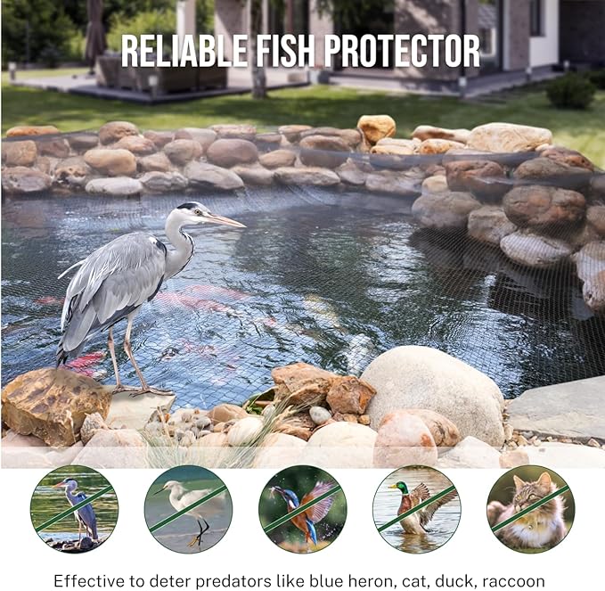 Pond Netting Cover for Leaves, 28 x 30 Koi Pond Net Cover, Durable & Sturdy Pond Netting for Koi Ponds, Protect Koi Fish Against Herons, Raccoons, Cats & Predators, 14pcs Stakes Included