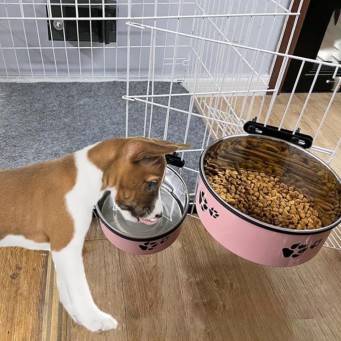 Dog Crate Food and Water Bowl 2Pcs Small Pet Hanging Kennel Removable Dish Feeding Cup with Holder for Medium Large Size Puppy Cat (Pink, 6.3''X2.5''&7.1‘’X2.7'')