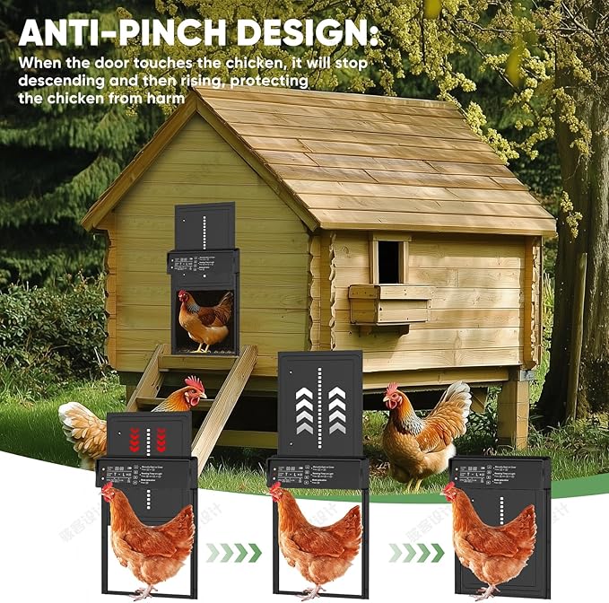 Automatic Chicken Coop Door Solar Powered with Timer & Light Sensor 4 Modes Aluminum Waterproof Chicken Door, Remote Control, LCD Display, Dual Protection of Anti-Pinch Design and Abnormal Alarm