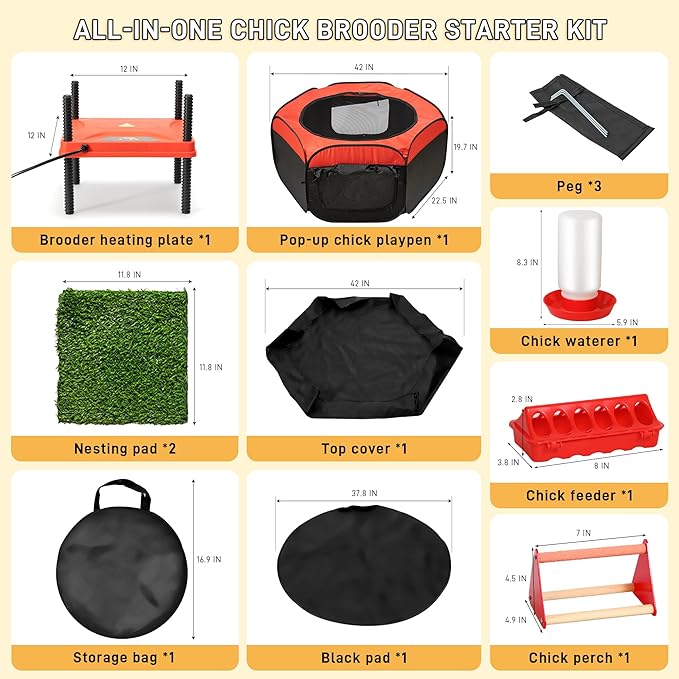 Upgrade Chick Starter Kit, 6-in-1 Chicken Brooder Box for Chicks Includes Pop-Up Chicken Playpen Tent,12 * 12" Heat Brooder Plate, Chicks Feeder, Waterer, Perch & Nesting Pad for Poultry Ducks Quail