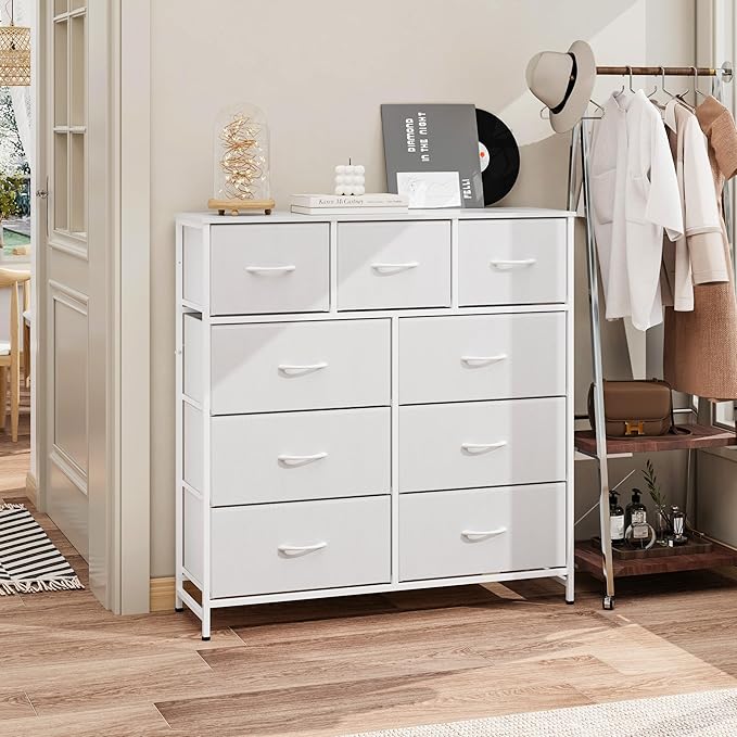 WelFurGeer 9-Drawer Dressers with Sturdy Metal Frame - Tall Chest Organizer Unit with Fabric Bins, Storage Chest of Drawers for Bedroom, Living Room, Hallway, Entryway, Closet, White