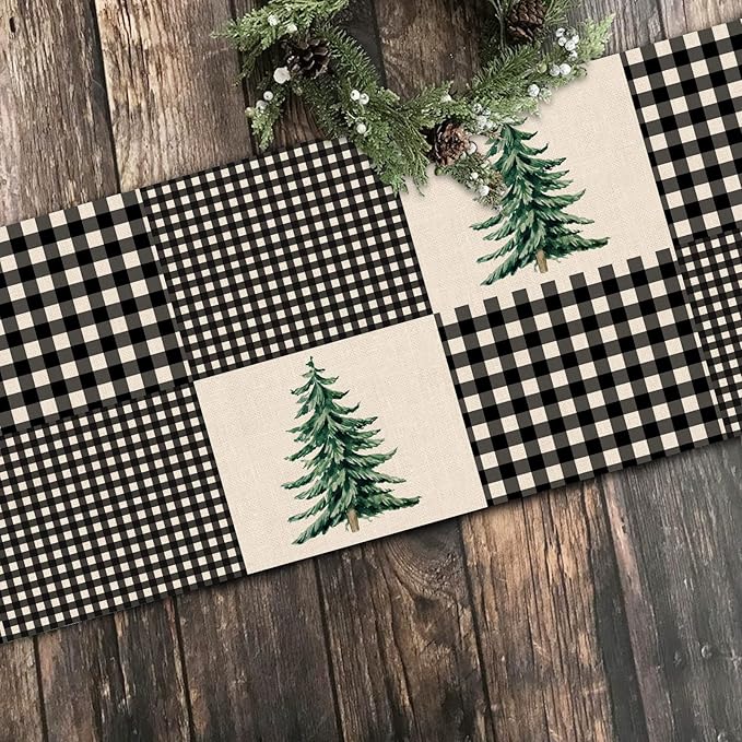 Seliem Black White Buffalo Plaid Check Table Runner, Pine Tree Winter Home Kitchen Decor, Christmas Seasonal Farmhouse Holiday Rustic Burlap Dining Decoration Housewarming Gift Party Supply 13X36