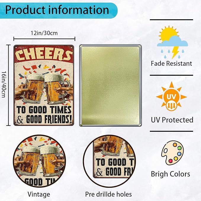 Cheers Beer Iron Sign Poster Cheers Beer Toast Metal Tin Sign Cheers Beer Toast Sign Home Decor Garage Bar Restaurant Kitchen Cafe Bar Pub 12x16 Inch Wall Art Decor