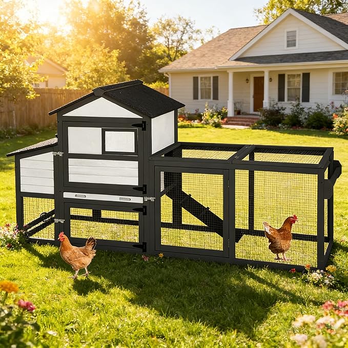 Aivituvin Chicken Coop Expandable Mobile Chicken House for Outdoor with Wheels, Nesting Box, Leakproof Pull-on Tray and UV-Resistant Roof Panel (Black&White)
