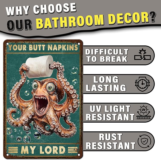 Funny Octopus Bathroom Wall Decor Sign Your Butt Napkins My Lady Vintage Metal Tin Sign for Bedroom Toilet or Bathroom Wall Art Poster Pet Lovers Sign 8x12inch