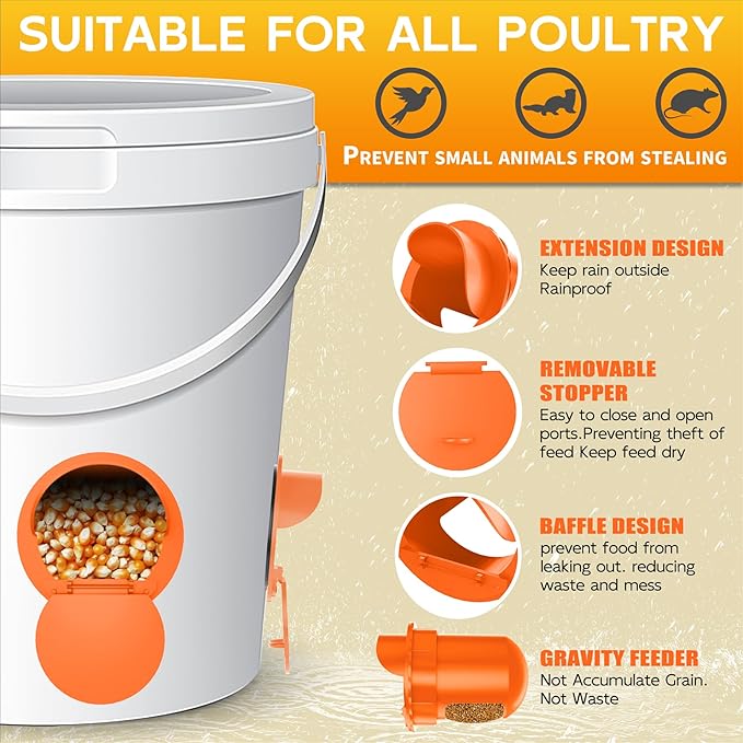 Chicken Feeder Port 12Pack Poultry No Waste Port Kit with Stopper Lid, 1 Hole Saw, DIY Automatic Reusable Coop Feeder, Rain Proof Gravity Feeding Geese Duck Hens Rooster for Bucket Barrel Bin (Orange)