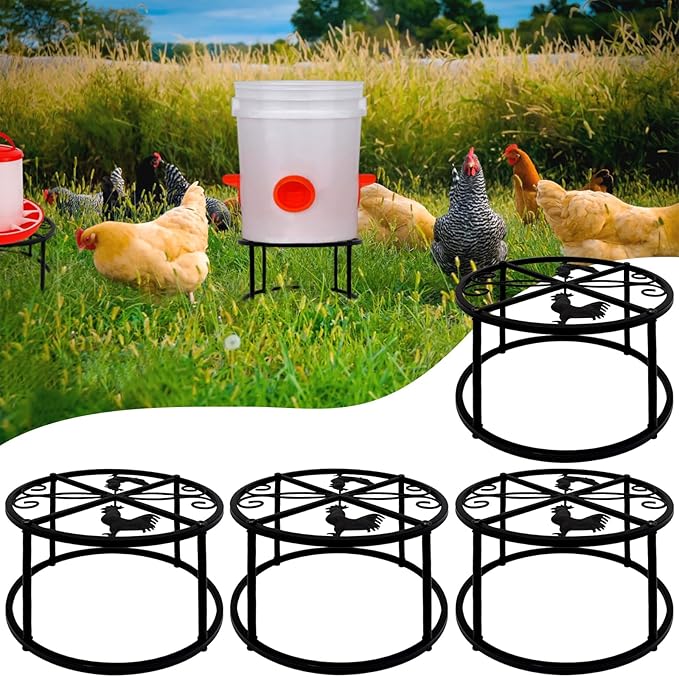 4Pcs Chicken Waterer Feeder Stand Metal Stand Rack with 4 Legs & Round Base Heavy Duty Supports Holder for Buckets Barrels Equipped Installed with Feeder Waterer Port for Coop Poultry Indoor Outdoor
