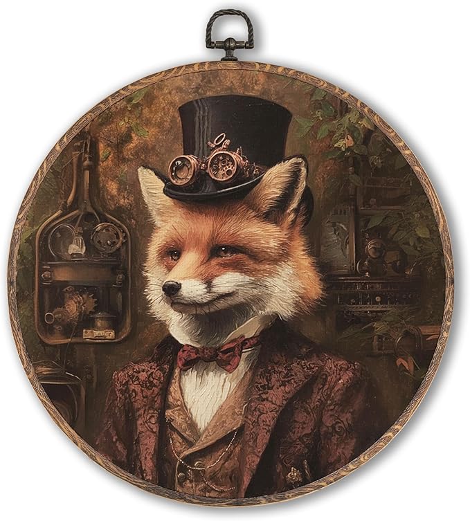 Hxlac Vintage Fox Round Wall Art Framed, Dark Moody Fox Round Wall Decor, Rustic Farm Animal Hanging Canvas Prints Wall Sculptures for Farmhouse Home Living Room Bedroom Decor, 10x10 Inch