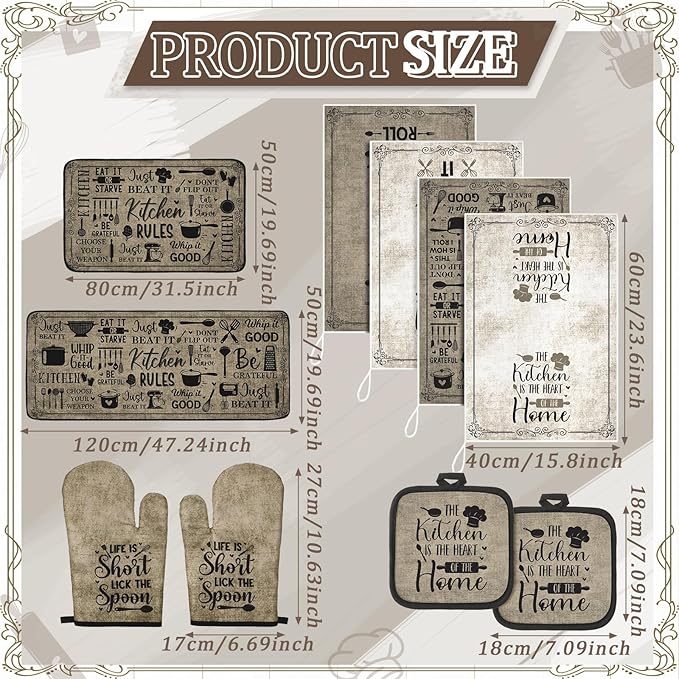 10 Pcs Attractive Style Kitchen Dish Towels Rugs Oven Mitts and Pot Holders Set Farmhouse Kitchen Decor Set for Women Mom Daughter Gift Cooking Baking Grilling (Rustic Farmhouse)