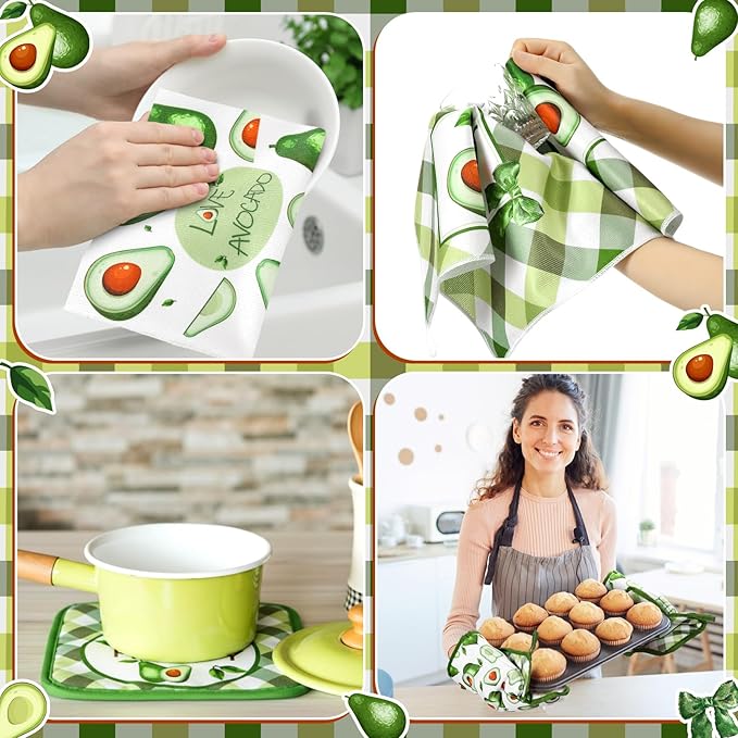 10 Pcs Avocado Farmhouse Kitchen Decor Set Dish Towels Kitchen Rugs Oven Mitts and Pot Holders Set for Cooking Baking Grilling Women Mom Daughter Gift(Green)