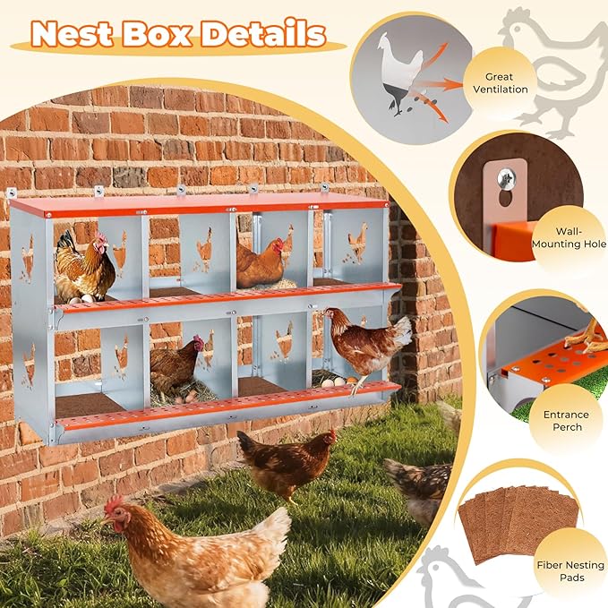 Chicken Nesting Box, 8 Compartment Metal Nesting Boxes for Chickens, Wall Mountable Chicken Laying Boxes, Easy Egg Collection, with Nesting Pads, Indoor & Outdoor Use, 42.5" L x 17" W x 25" H