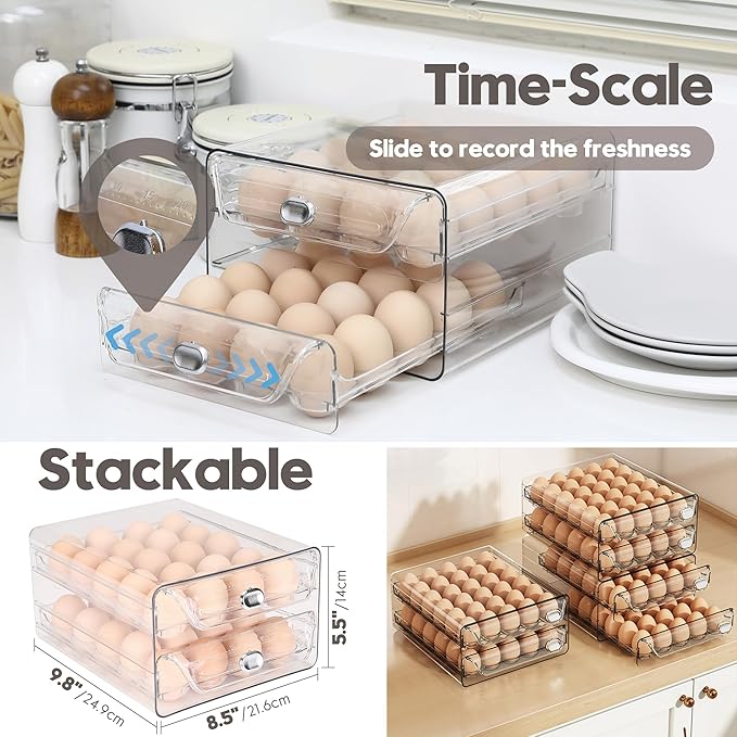 Sea Team Clear Plastic Egg Holder for Fridge, Stackable Refrigerator Egg Container with 2 Removable Trays, Dispenser for Kitchen Storage and Organizer