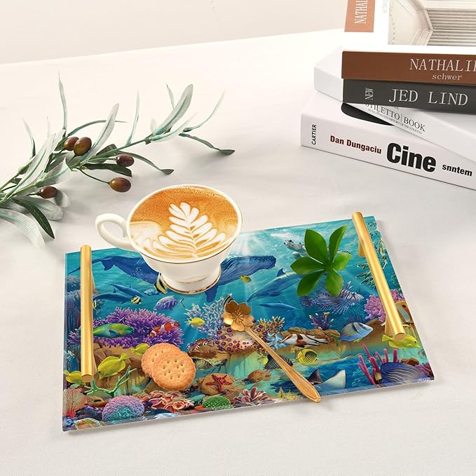 Bathroom Vanity Tray Counter Organizer, Vibrant Underwater Ecosystem Decorative Tray with Handles Countertop Storage for Bathroom Bedroom Kitchen Home Farmhouse