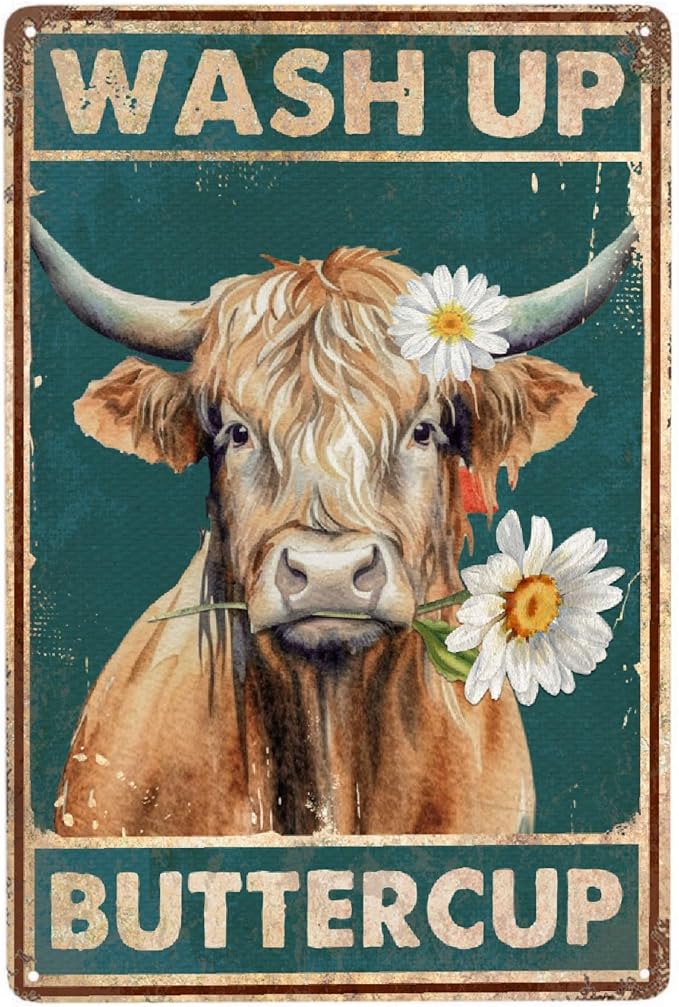 Highland Cow Vintage Metal Poster Wash Up Buttercup Sign Decor-Retro Funny Cow Wall Art Metal Tin Sign Bathroom Home Hanging Decor Funny Toilet Metal Sign Bathroom Wall Art, 12''x 8''