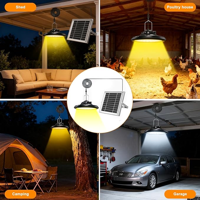 Solar Chicken Coop Light with Timer, Outdoor Solar Pendant Lights IP66 Waterproof & 16.4ft Cord, 3-Color Dimmable Shed Lights for Sheds, Chicken Coop, Farm, Stables