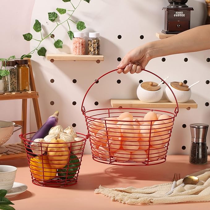 Colorful Metal Mesh Wire Egg Collecting Basket with Handle Portable Garden Vegetable Fruit Storage Lightweight Hanging Collector for Farmhouse Gathering Kitchen Picnic (Red, Large - 12")