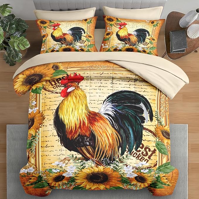 Comforter Set King Size, Rooster Vintage Chicken 7 Pcs Bedding for Kids and Adults, Sunflower Flower Farm Bed Sheet Sets with Fitted Sheet 2 Pillowcases & 2 Shams for Bedroom Bed Decor