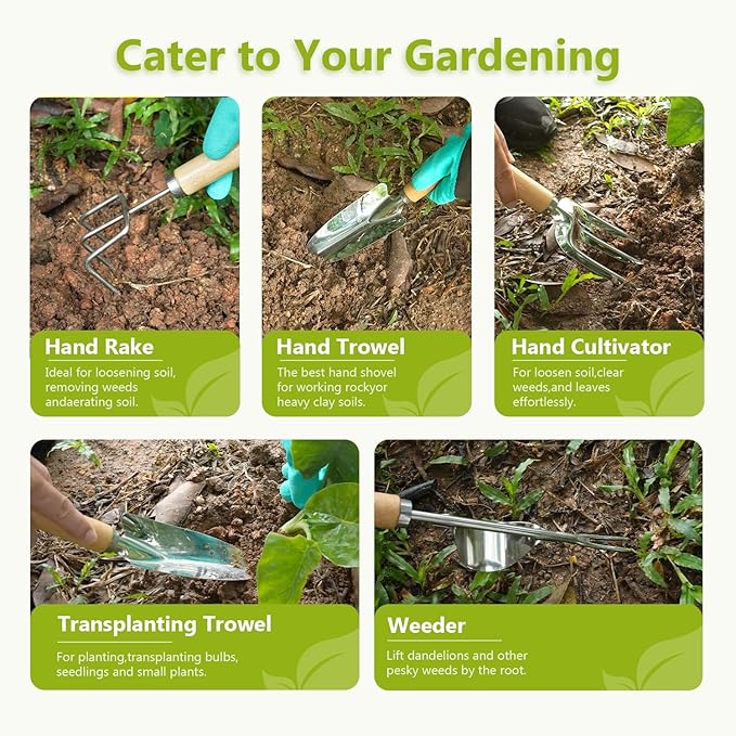 Gardening Tool Set of 9 PCS, Heavy Duty Gardening Tool Set with Durable Garden Tools Organizer Handbag, Non-Slip Rubber Gloves, Rust-Proof Garden Tool Set, Ideal Garden Gifts for Women, Mom (Green)