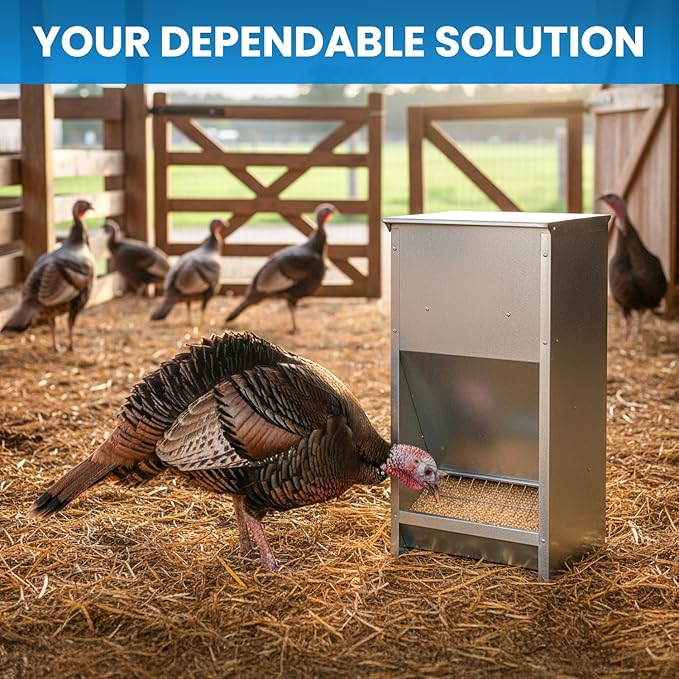 Plexon Steel Poultry Feeder 25lb Capacity – Galvanized Metal Chicken Feeder Turkey Duck Feed Dispenser Wall Mountable Outdoor - Grid to Reduce Waste, No Assembly