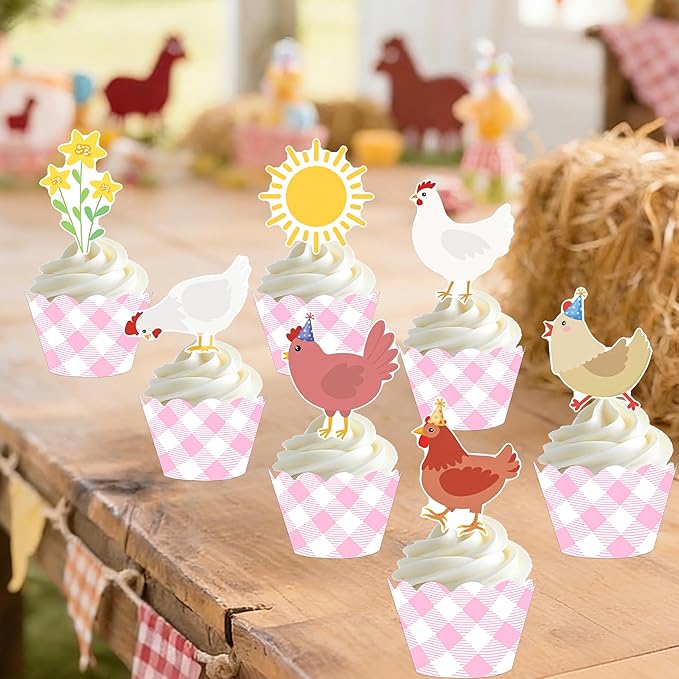 Chicken and Daisy Cupcake Toppers and Wrappers Floral Chicken Birthday Decoration 48Pcs Pink Gingham Cupcake Liners barnyard Hen Themed Cake Decor for Farm Animals Bday Baby Shower Supplies