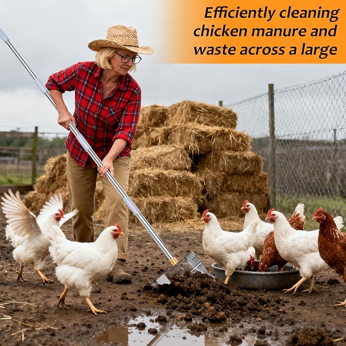 Chicken Coop Poop Scooper - 10" Wide Heavy Duty Metal Chicken Poop Scoop, 5-Level Adjustable Stainless Steel Handle (32" to 75"), 5-in-1 Multifunctional Litter Sifter for Coops