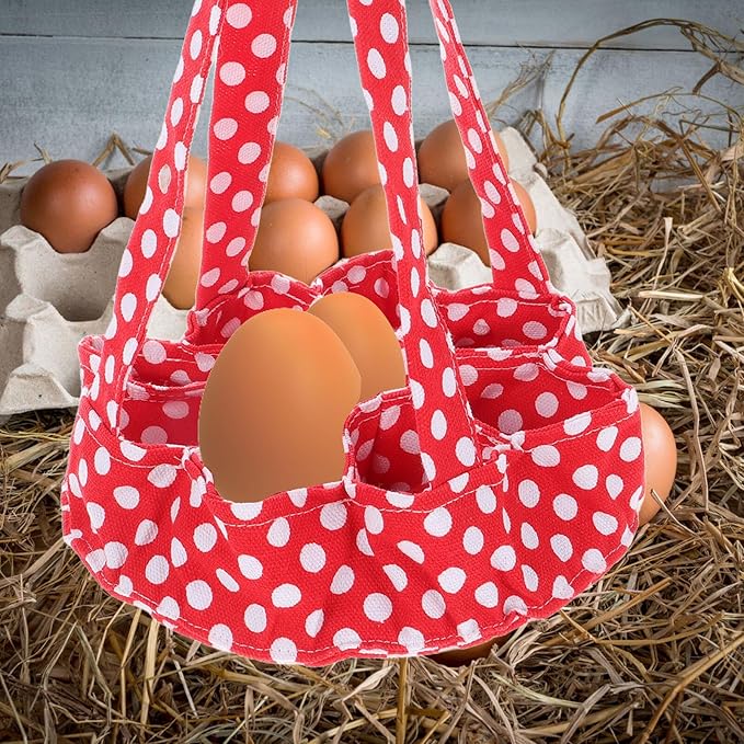 Homoyoyo Egg Collecting Basket with 9 Fabric Pockets Chicken Egg Holder Farm and Home Use Red Polka Dot Design