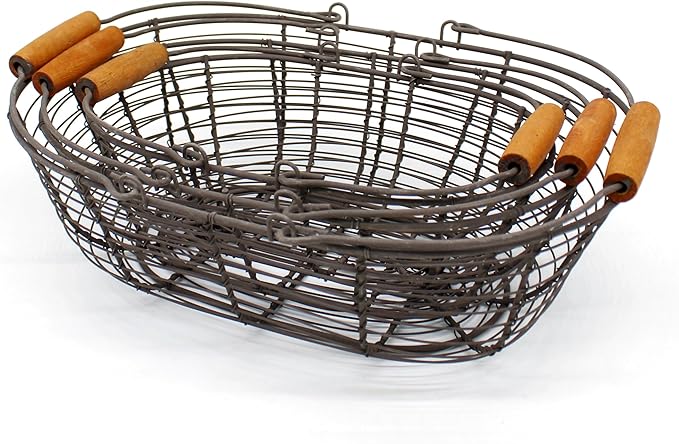 CVHOMEDECO. Oval Metal Wire Storage Baskets Rustic Egg Baskets with Wooden Handles Farmhouse Gathering Baskets. Rusty, Set of 3