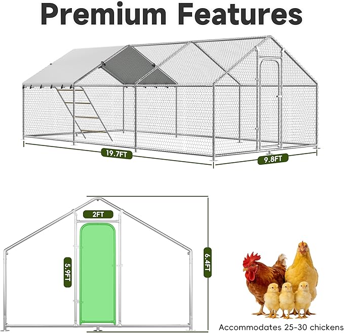 Large Metal Chicken Coop with Roosting Perch Walk-in Poultry Cage Chicken Run Duck House Chicken Pen Spire Shaped Coop with Waterproof Cover for Outdoor Backyard Farm Use(10' L x 19.7' W x 6.4' H)